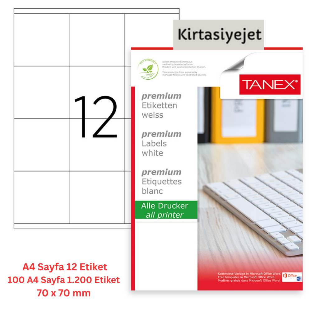 Tanex Lazer Etiket tw-2312 100 A4 Sayfa Laser Etiket 70 x 70 mm Boyutunda 1 A4 Sayfada 12 Etiket