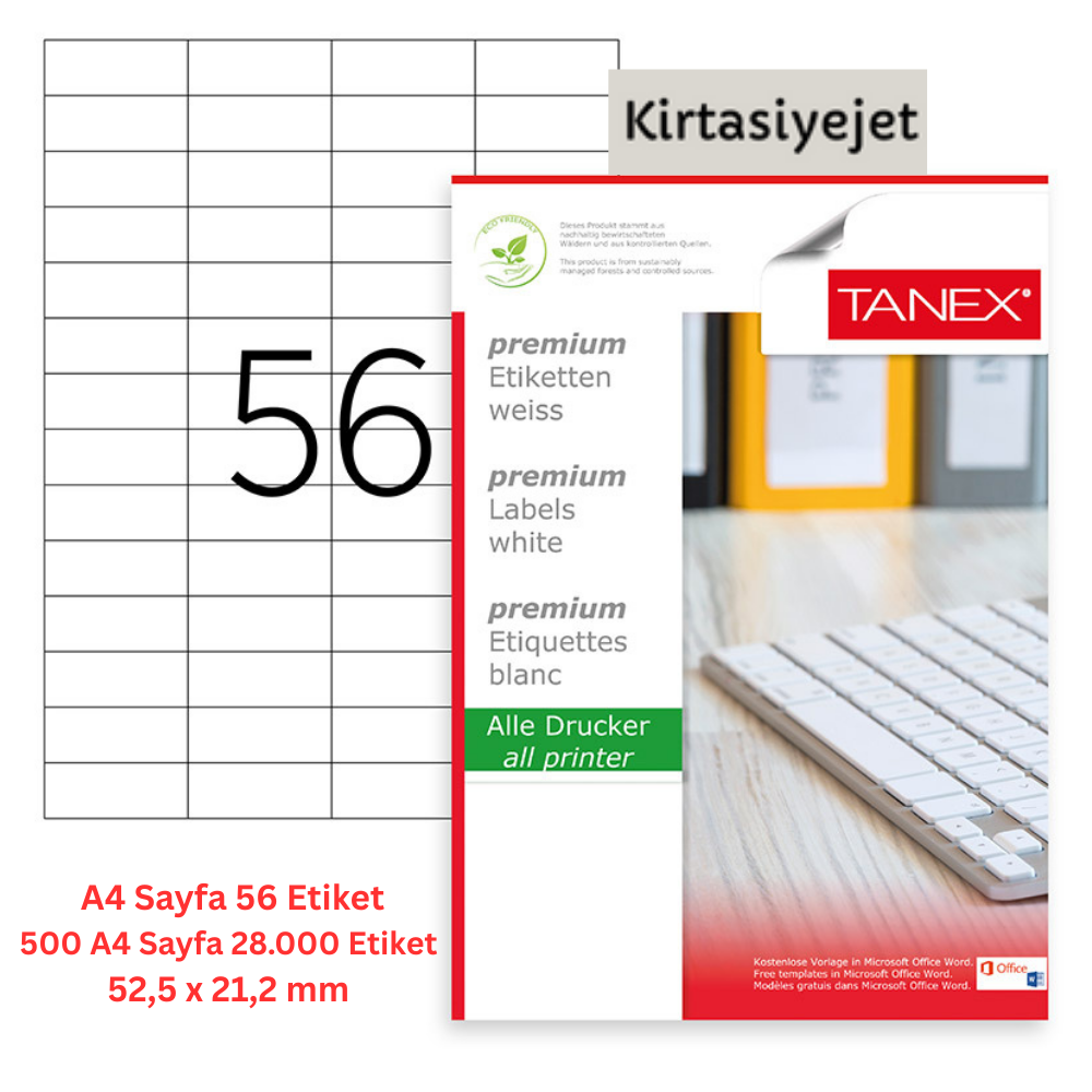 Tanex Lazer Etiket Tw-2321 500 A4 Sayfa Laser Etiket 52.5 x 21.2 mm Boyutunda 1 A4 Sayfada 56 Etiket
