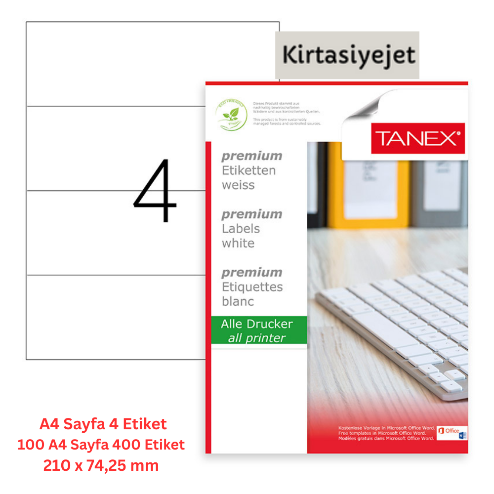 Tanex Lazer Etiket tw-2404 100 A4 Sayfa Laser Etiket 210 x 74,25 mm Boyutunda 1 A4 Sayfada 4 Etiket.