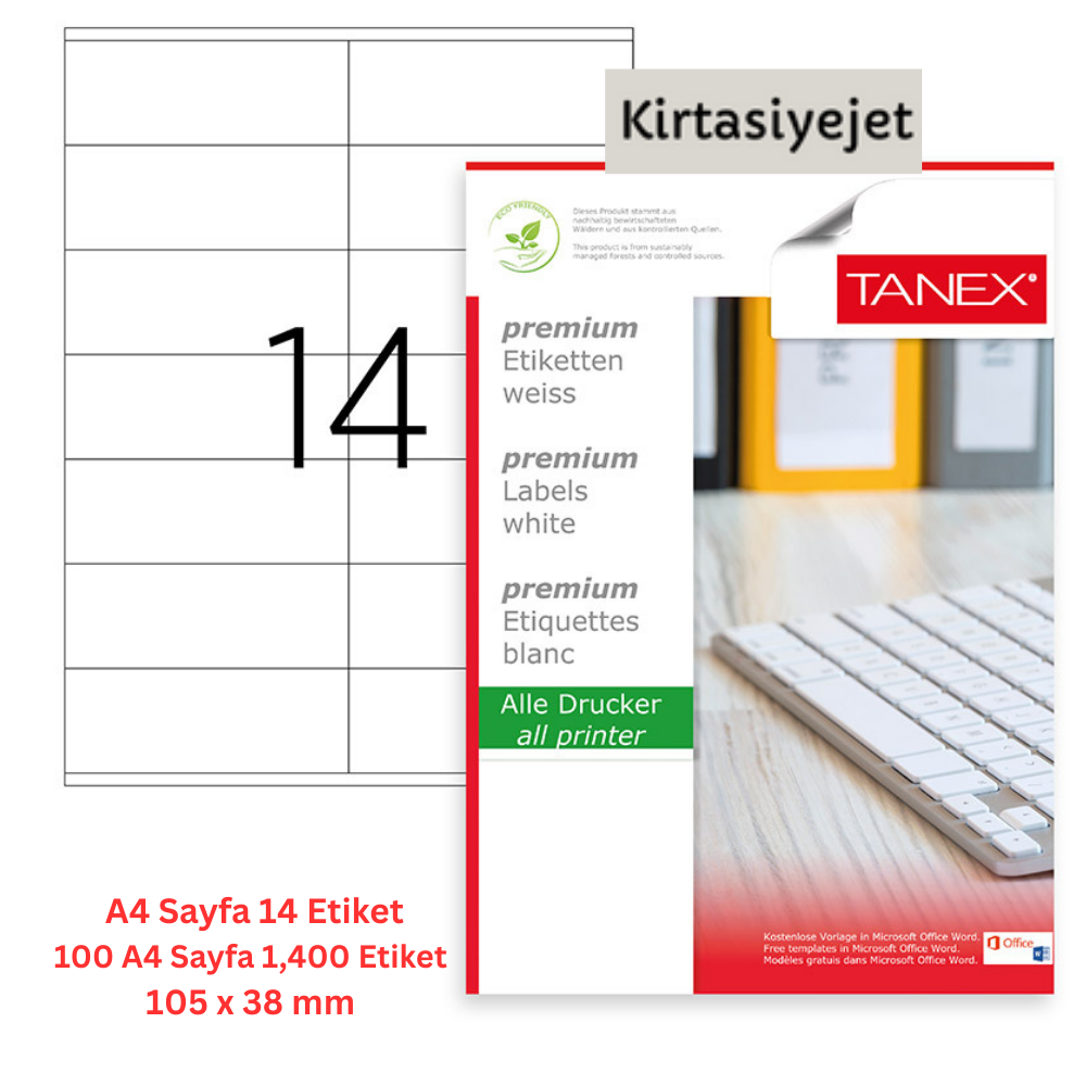 Tanex Lazer Etiket tw-2514 100 A4 Sayfa Laser Etiket 105 x 38 mm Boyutunda 1 A4 Sayfada 14 Etiket