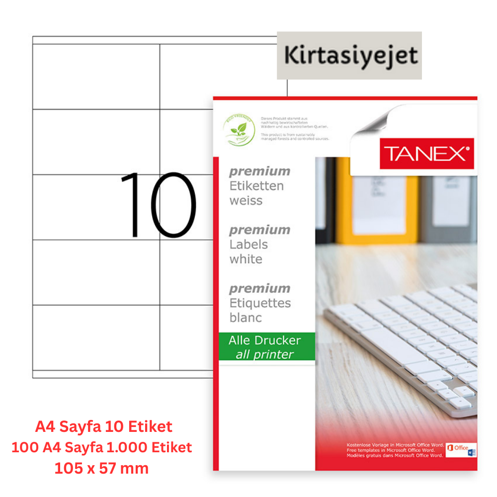 Tanex Lazer Etiket tw-2610 100 A4 Sayfa Laser Etiket 105 x 57 mm Lazer Etiket A4 Sayfada 10 Etiket