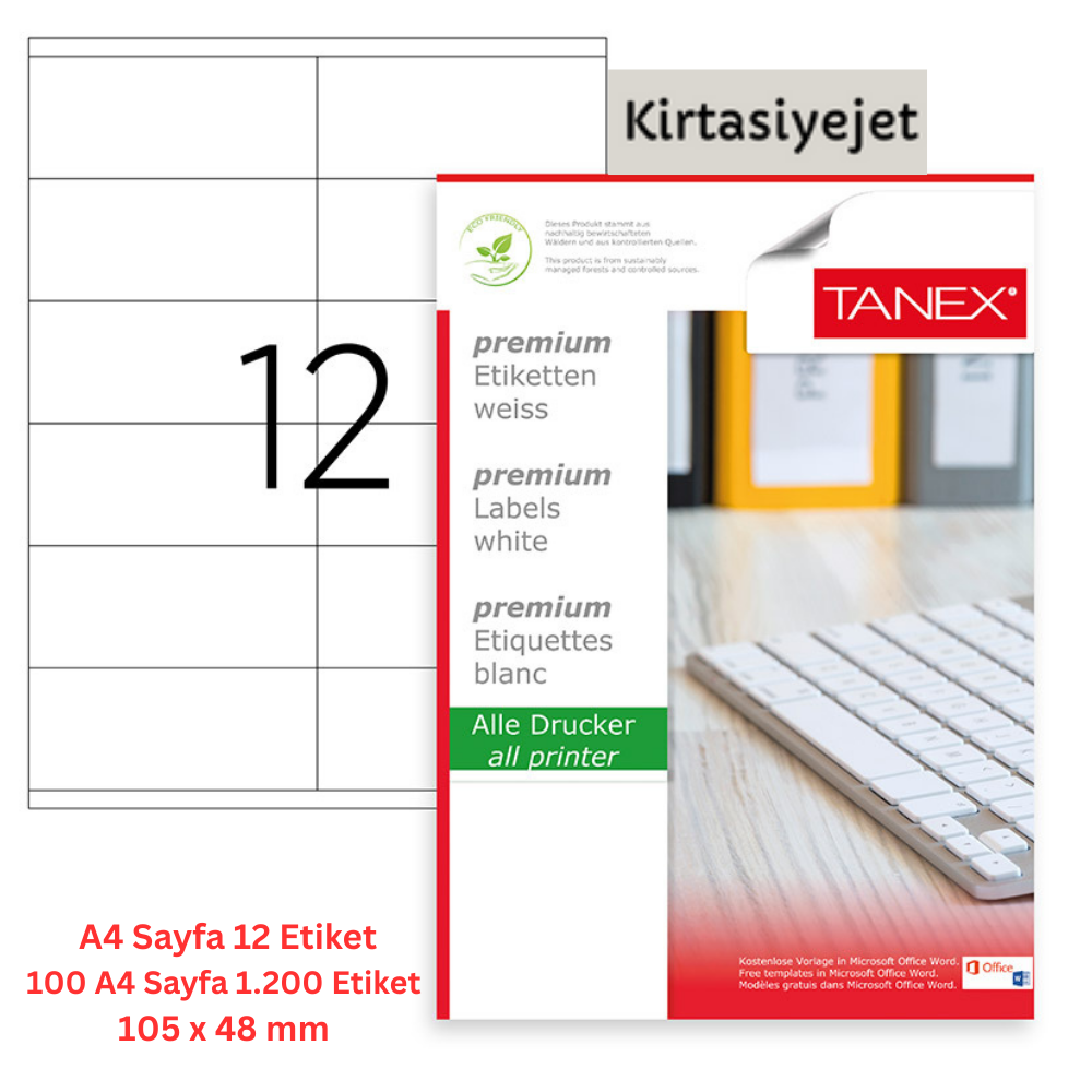 Tanex Lazer Etiket tw-2612 100 A4 Sayfa Laser Etiket 105 x 48 mm Boyutunda 1 A4 Sayfada 12 Etiket