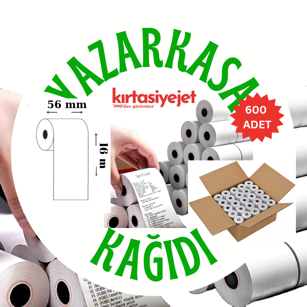 Yazar Kasa Kağıdı 56x16 Termal Pos Kağıdı Rulosu  600 Rulo - Tüm Pos Cihazlara Uyumlu
