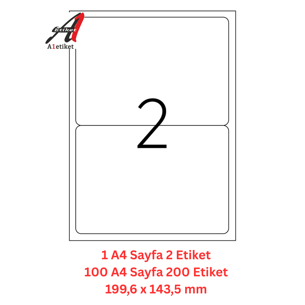 A1 Lazer Etiket tw-2002 100 A4 Sayfa Laser Etiket 199.6 x 143.5 mm Boyutunda 1 A4 Sayfada 2 Etiket