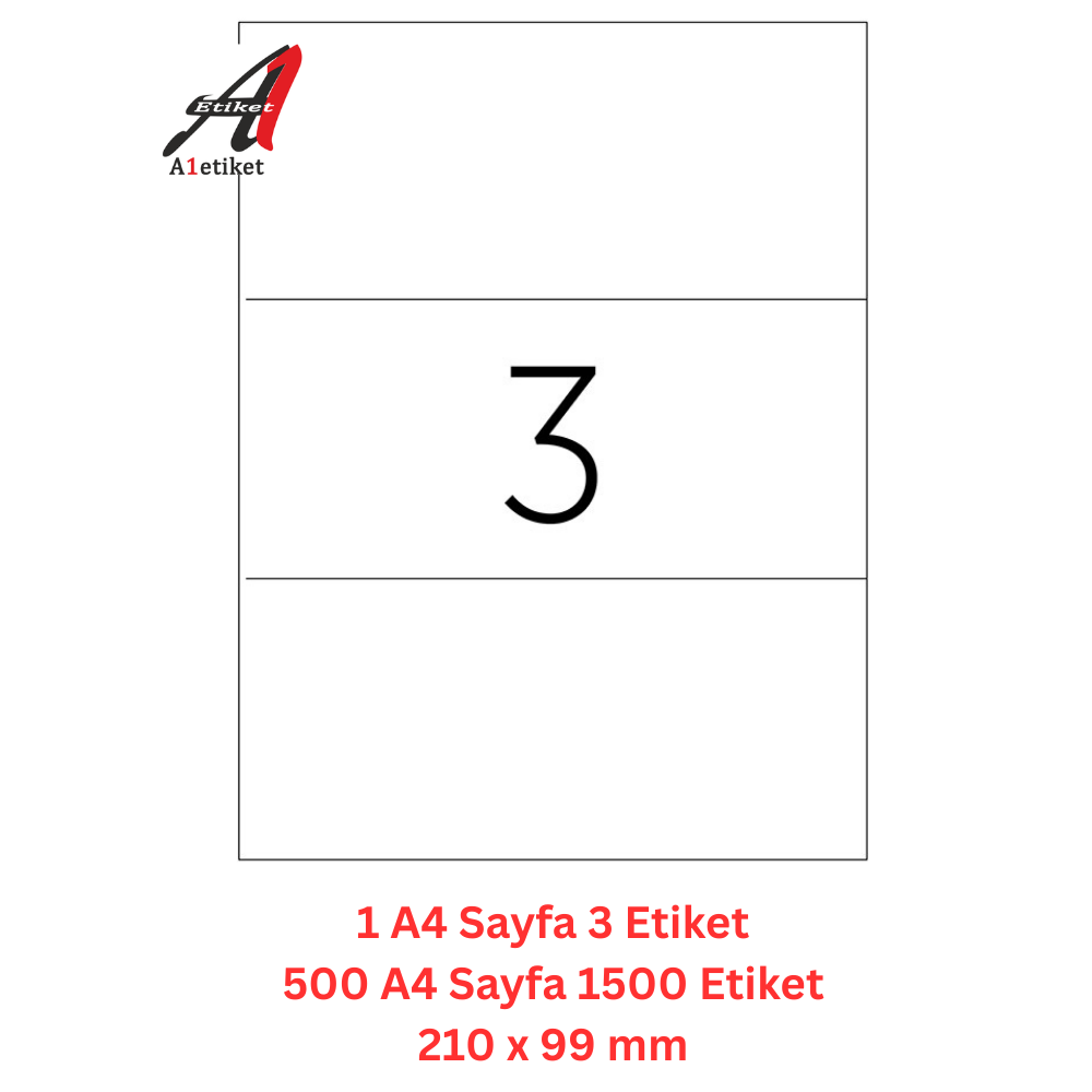 A1 Lazer Etiket tw-2003 500 A4 Sayfa Laser Etiket 210 x 99 mm Boyutunda 1 A4 Sayfada 3 Etiket