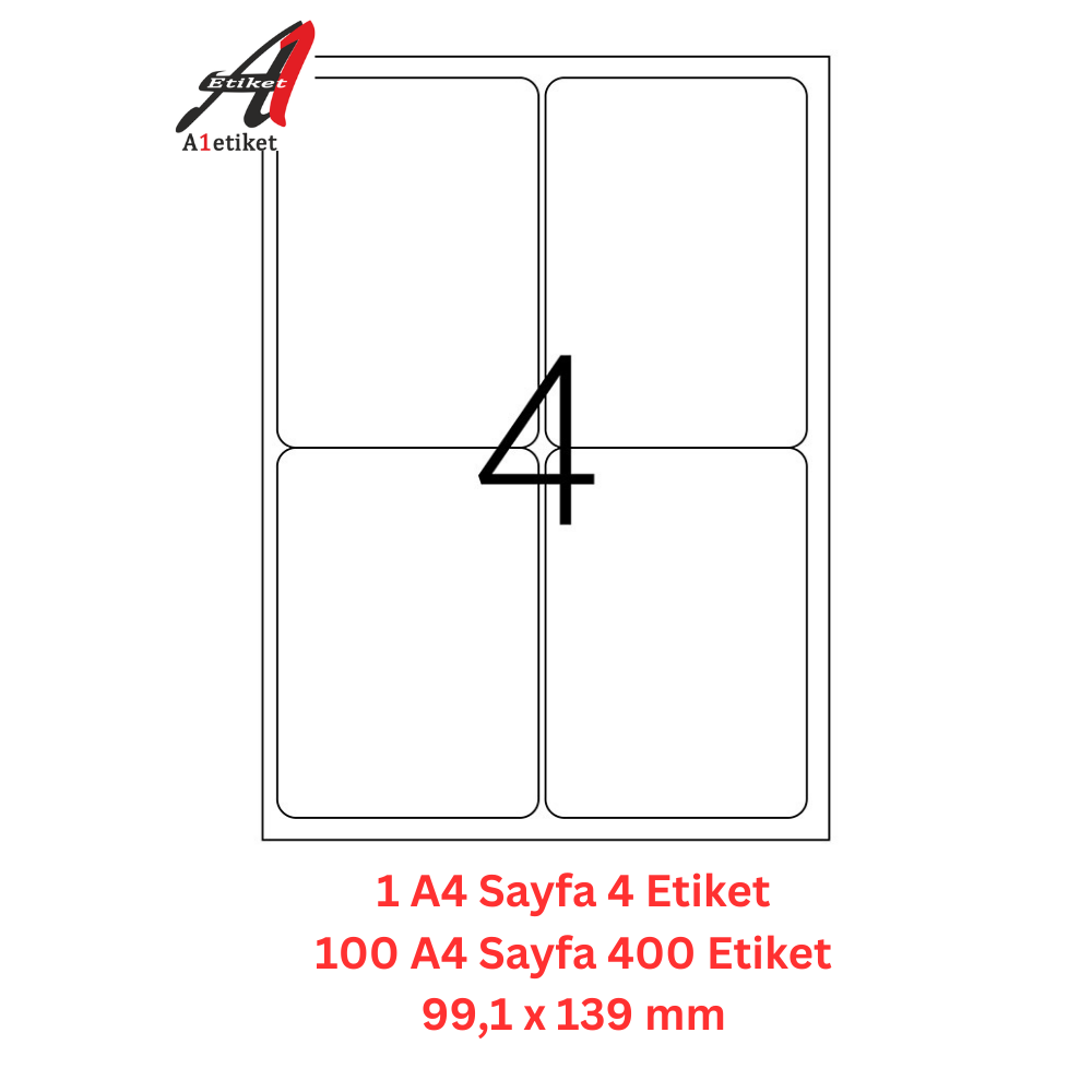A1 Lazer Etiket tw-2004 100 A4 Sayfa da 99. 1 x 139 mm Boyutunda 1 A4 Sayfada 4 Etiket