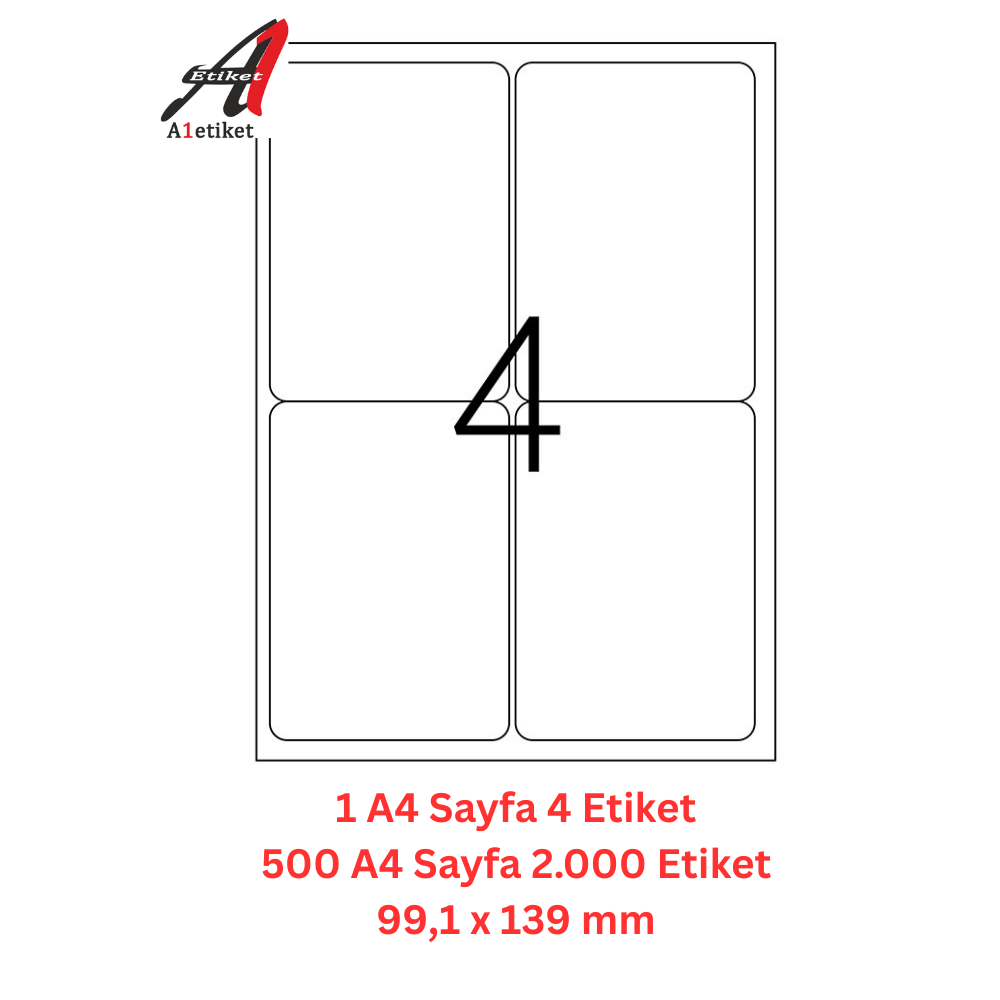 A1 Lazer Etiket tw-2004 500 A4 Sayfa Lazer Etiket 99,1 x 139 mm Boyutunda 1 A4 Sayfada 4 Etiket