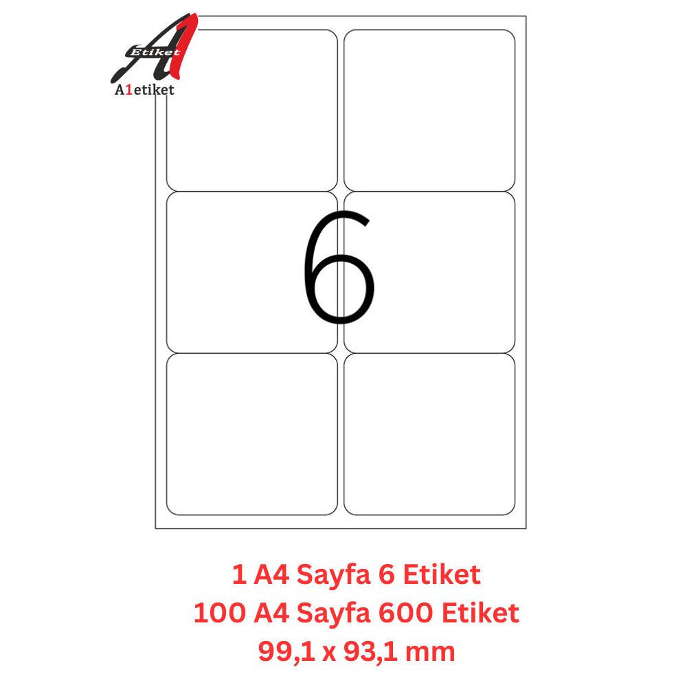 A1 Lazer Etiket tw-2006 100 A4 Sayfa Laser Etiket 99.1 X 93.1 mm Boyutunda 1 A4 Sayfada 6 Etiket
