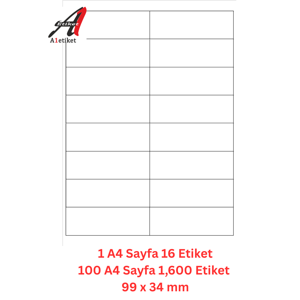 A1 Lazer Etiket tw-2016 100 A4 Sayfa Laser Etiket 99.1 x 34 mm Boyutunda 1 A4 Sayfada 16 Etiket