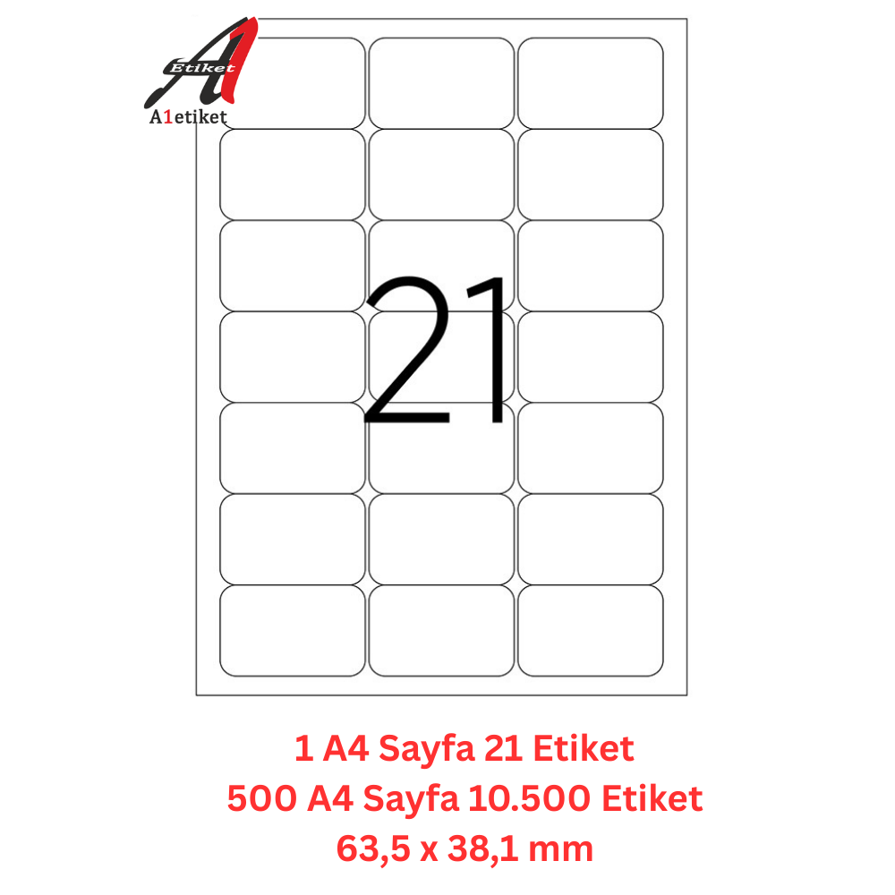 A1 Lazer Etiket tw-2021 500 A4 Sayfa Lazer Etiket 63,5 x 38,1  ARALIKSIZ mm Boyutunda 1 A4 Sayfada 21 Etiket