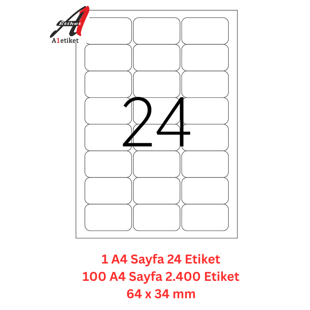 A1 Lazer Etiket tw-2024 100 A4 Sayfa Laser Etiket 64 x 34 mm Boyutunda 1 A4 Sayfada 24 Etiket
