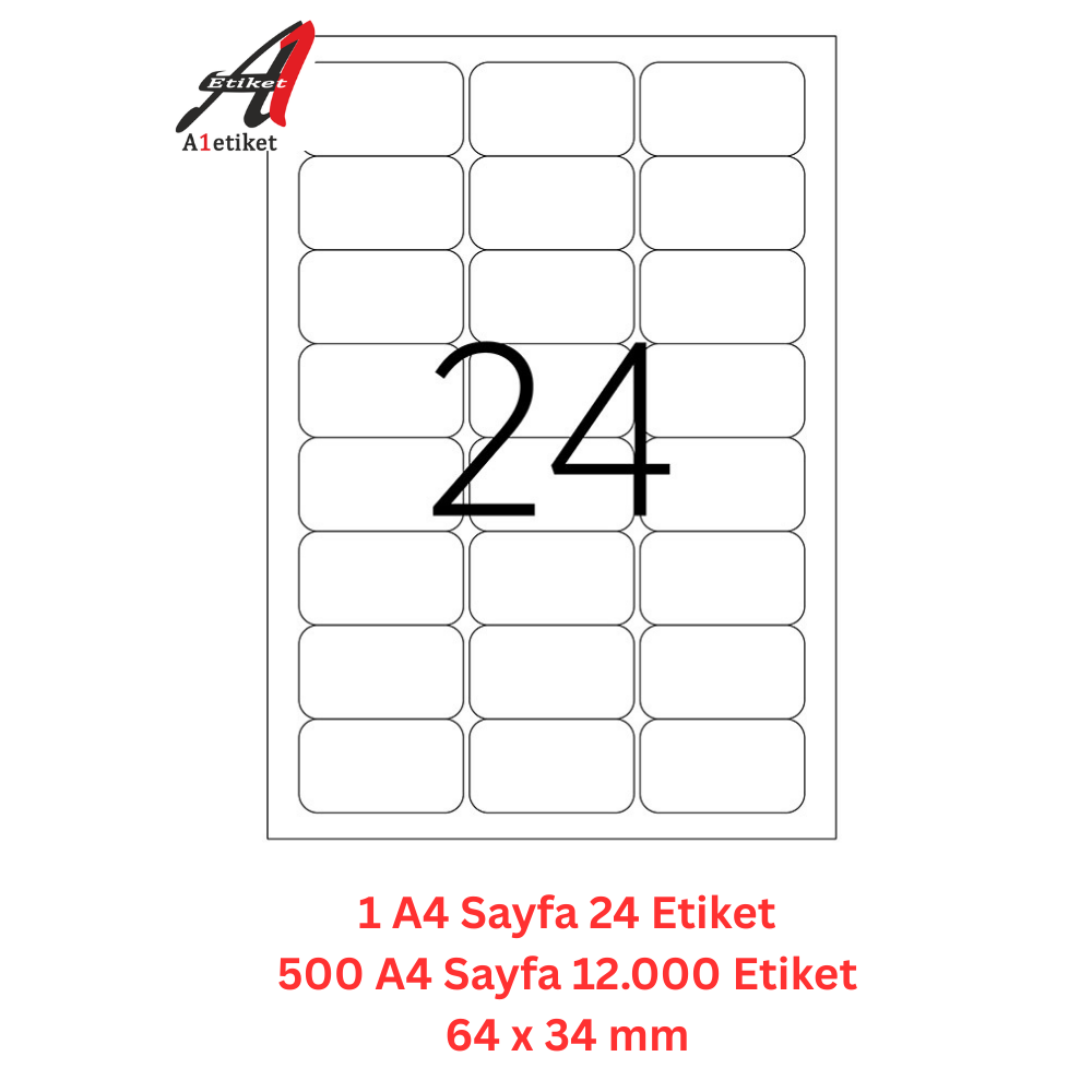 A1 Lazer Etiket tw-2024 500 A4 Sayfa Lazer Etiket 64 x 34 mm Boyutunda 1 A4 Sayfada 24 Etiket