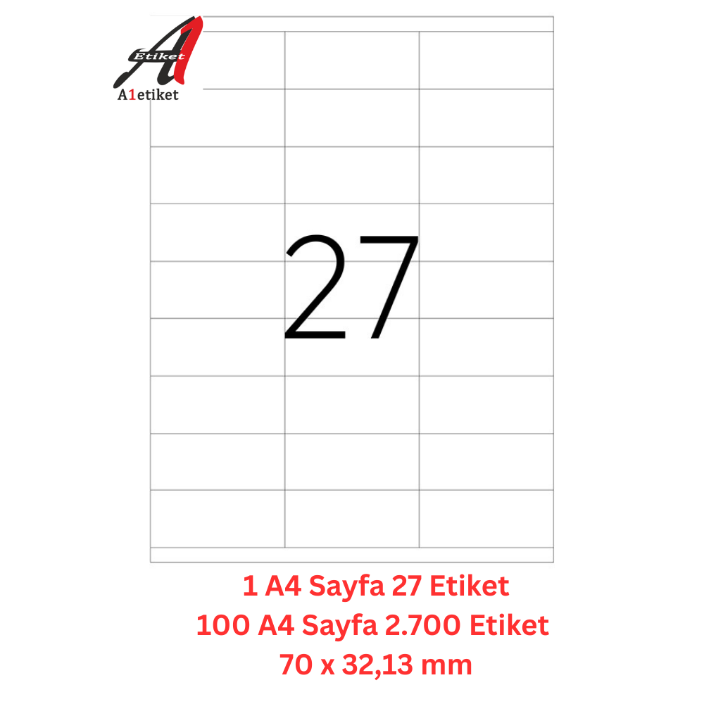 A1 Lazer Etiket tw-2027 100 A4 Sayfa Lazer Etiket 70 x 32,13 mm Boyutunda 1 A4 Sayfada 27 Etiket