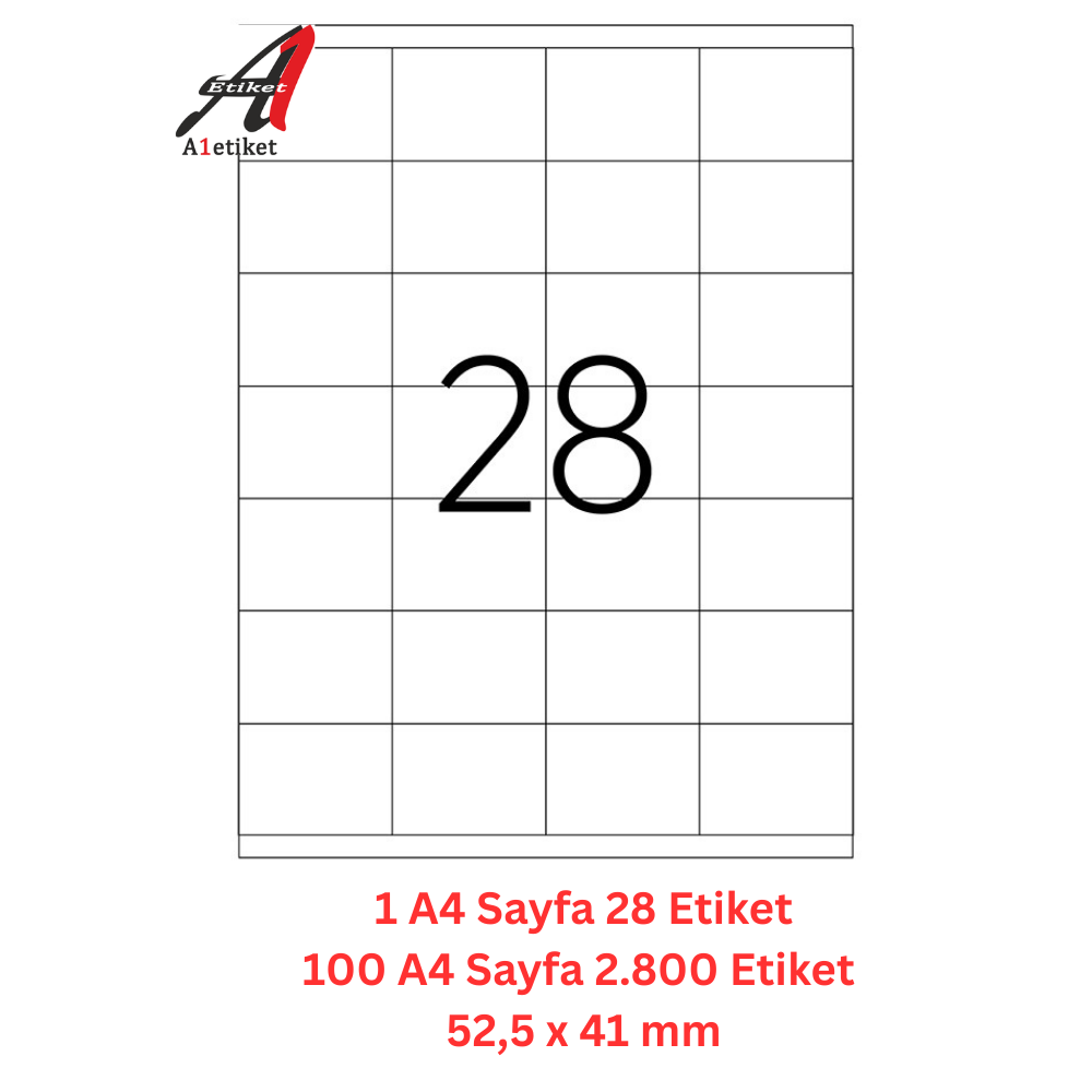 A1 Lazer Etiket tw-2028 100 A4 Sayfa Laser Etiket 52.5 x 41 mm Boyutunda 1 A4 Sayfada 28 Etiket