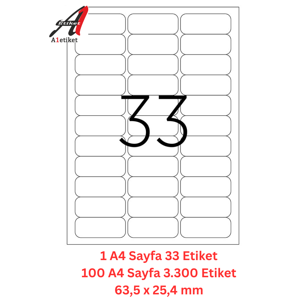 A1 Lazer Etiket tw-2033 100 A4 Sayfa Laser Etiket 63.5 x 25.4 mm Boyutunda 1 A4 Sayfada 33 Etiket