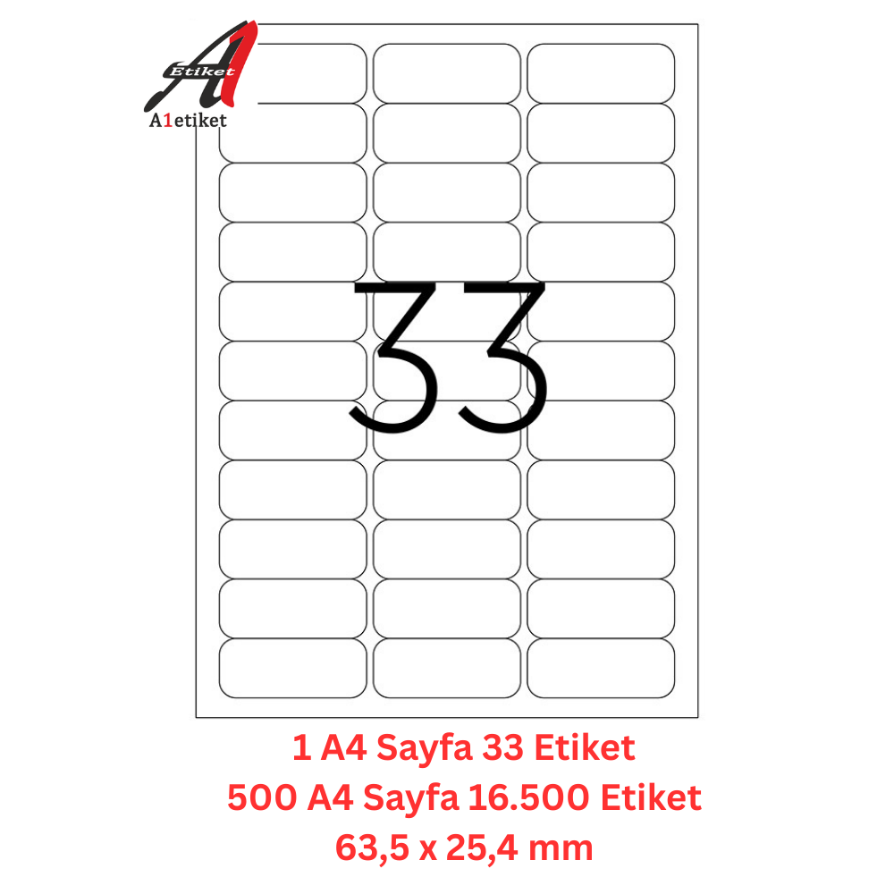A1 Lazer Etiket tw-2033 500 A4 Sayfa Lazer Etiket 63,3 x 25,4 mm Boyutunda 1 A4 Sayfada 33 Etiket