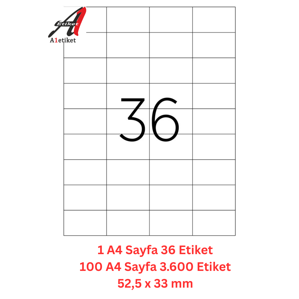 A1 Lazer Etiket tw-2035 100 A4 Sayfa Laser Etiket 52.5 x 33 mm Boyutunda 1 A4 Sayfada 36 Etiket