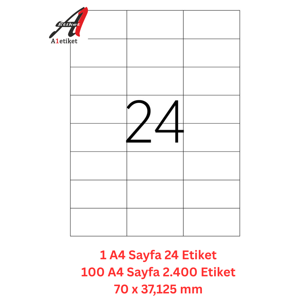 A1 Lazer Etiket tw-2037 100 A4 Sayfa Laser Etiket 70 X 37.125 mm Boyutunda 1 A4 Sayfada 24 Etiket