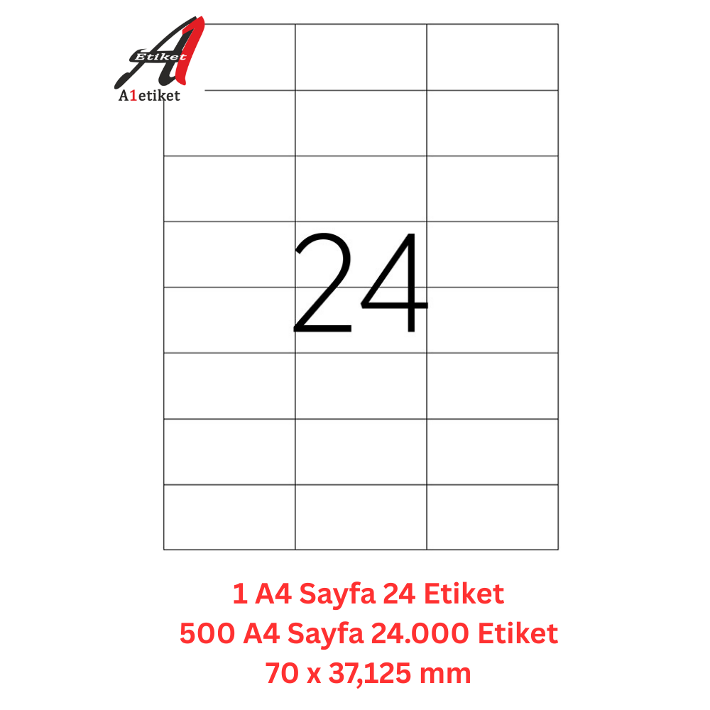 A1 Lazer Etiket tw-2037 500 A4 Sayfa Lazer Etiket 70 X 37.125 mm Boyutunda 1 A4 Sayfada 24 Etiket
