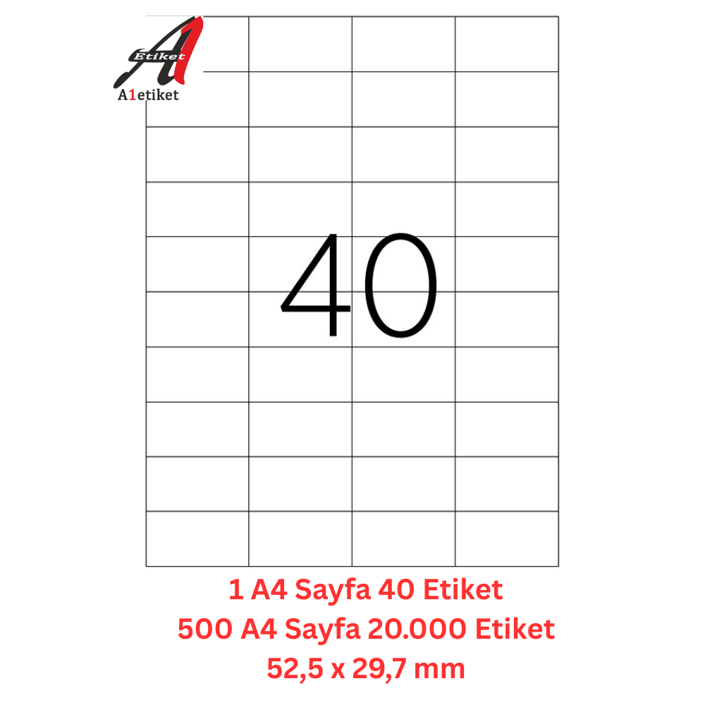 A1 Lazer Etiket tw-2040 500 A4 Sayfa Lazer Etiket 52,5 x 29,7 mm Boyutunda 1 A4 Sayfada 40 Etiket