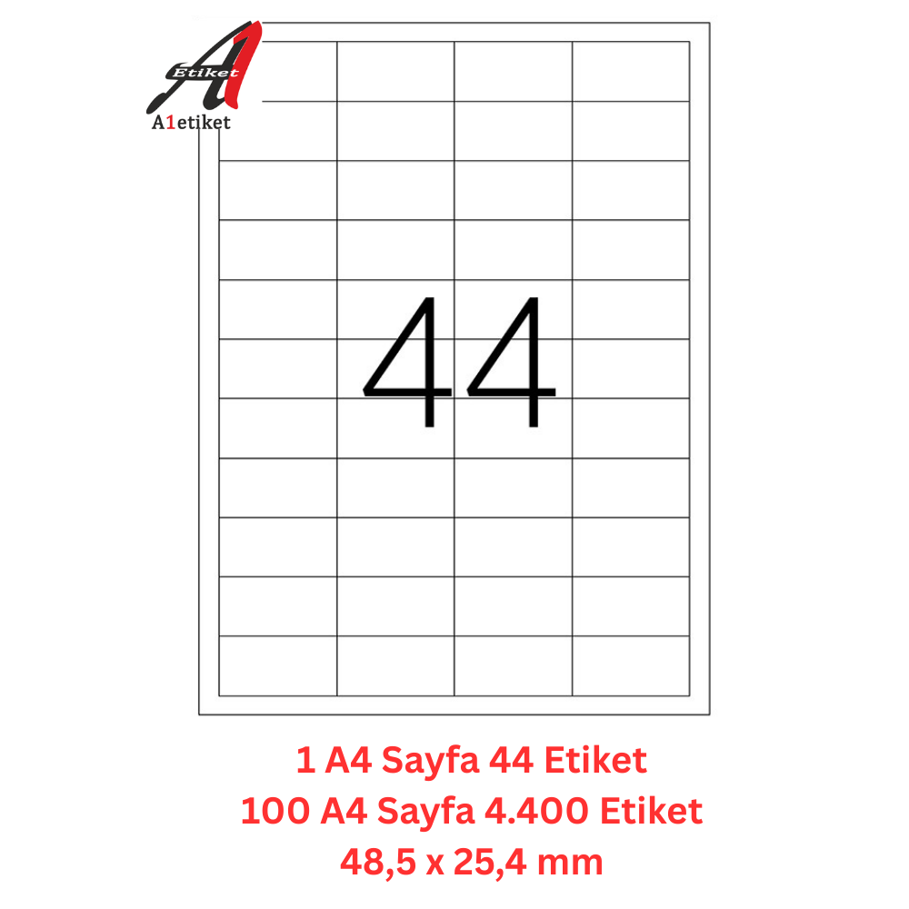 A1 Lazer Etiket tw-2044 100 A4 Sayfa Lazer Etiket 48,5 x 25,4 mm Boyutunda 1 A4 Sayfada 44 Etiket