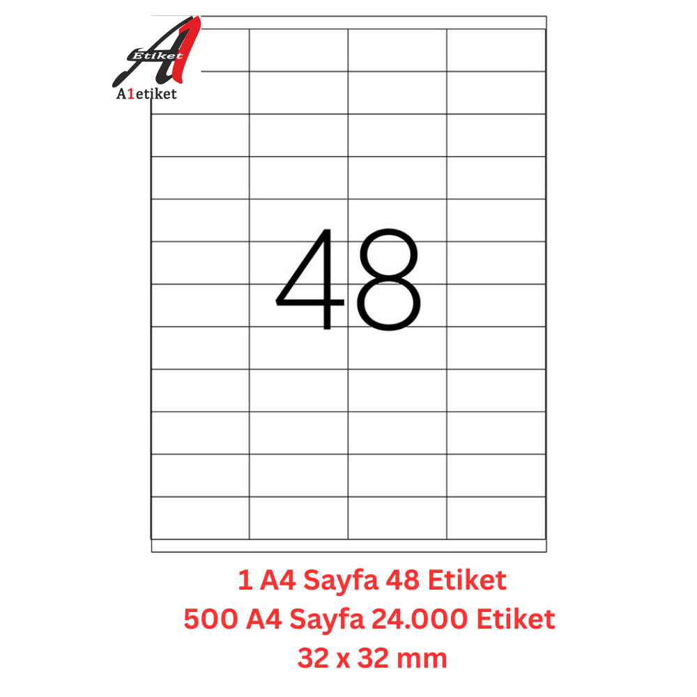 A1 Lazer Etiket tw-2048 500 A4 Sayfa Lazer Etiket 32 x 32 mm Boyutunda 1 A4 Sayfada 48 Etiket