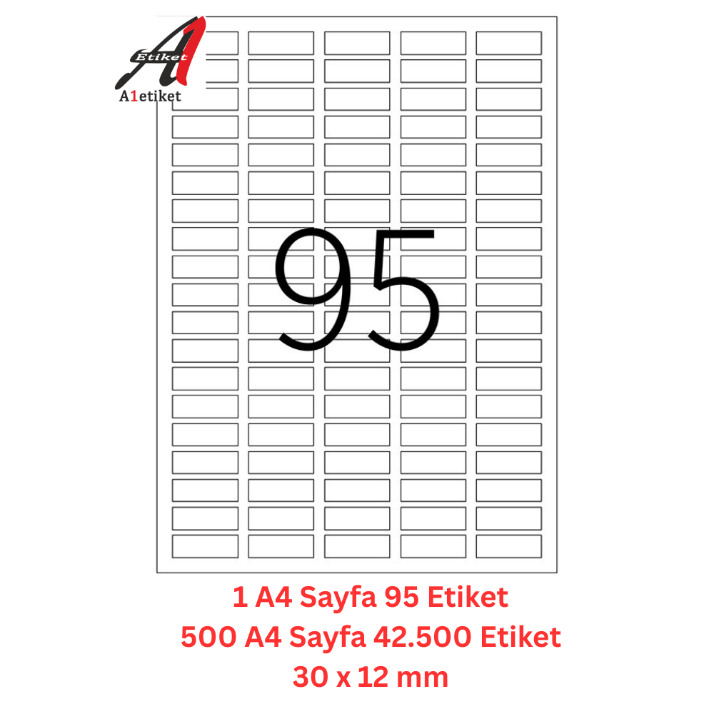 A1 Lazer Etiket tw-2095 500 A4 Sayfa Lazer Etiket 12 x 30 mm Boyutunda 1 A4 Sayfada 95 Etiket