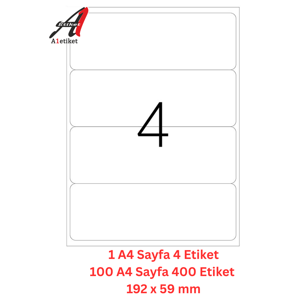 A1 Lazer Etiket tw-2104 100 A4 Sayfa Lazer Etiket 192,5 x 62 mm Boyutunda 1 A4 Sayfada 4 Etiket