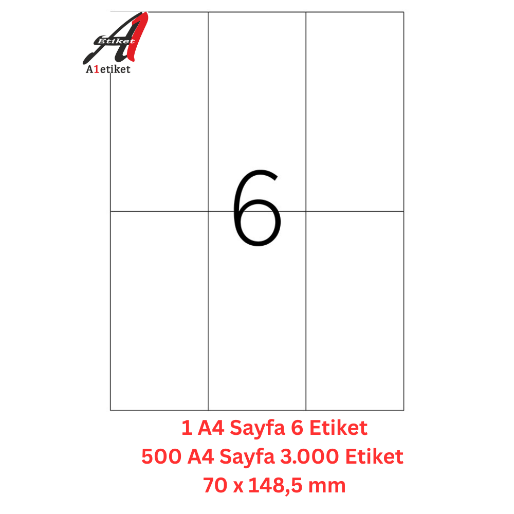 A1 Lazer Etiket tw-2106 500 A4 Sayfa Lazer Etiket 70 x 148,5 mm Boyutunda 1 A4 Sayfada 6 Etiket