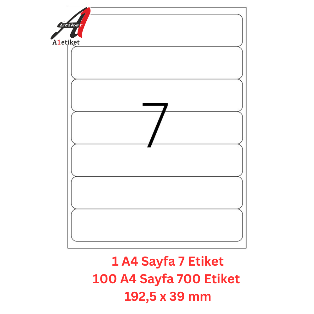 A1 Lazer Etiket tw-2107 100 A4 Sayfa Lazer Etiket 192,5 x 39 mm Boyutunda 1 A4 Sayfada 7 Etiket