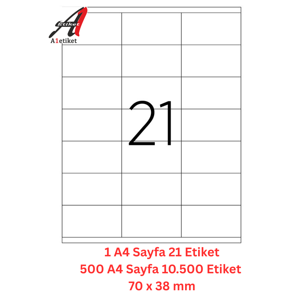 A1 Lazer Etiket tw-2121 500 A4 Sayfa Lazer Etiket 70 x 38 mm Boyutunda 1 A4 Sayfada 21 Etiket