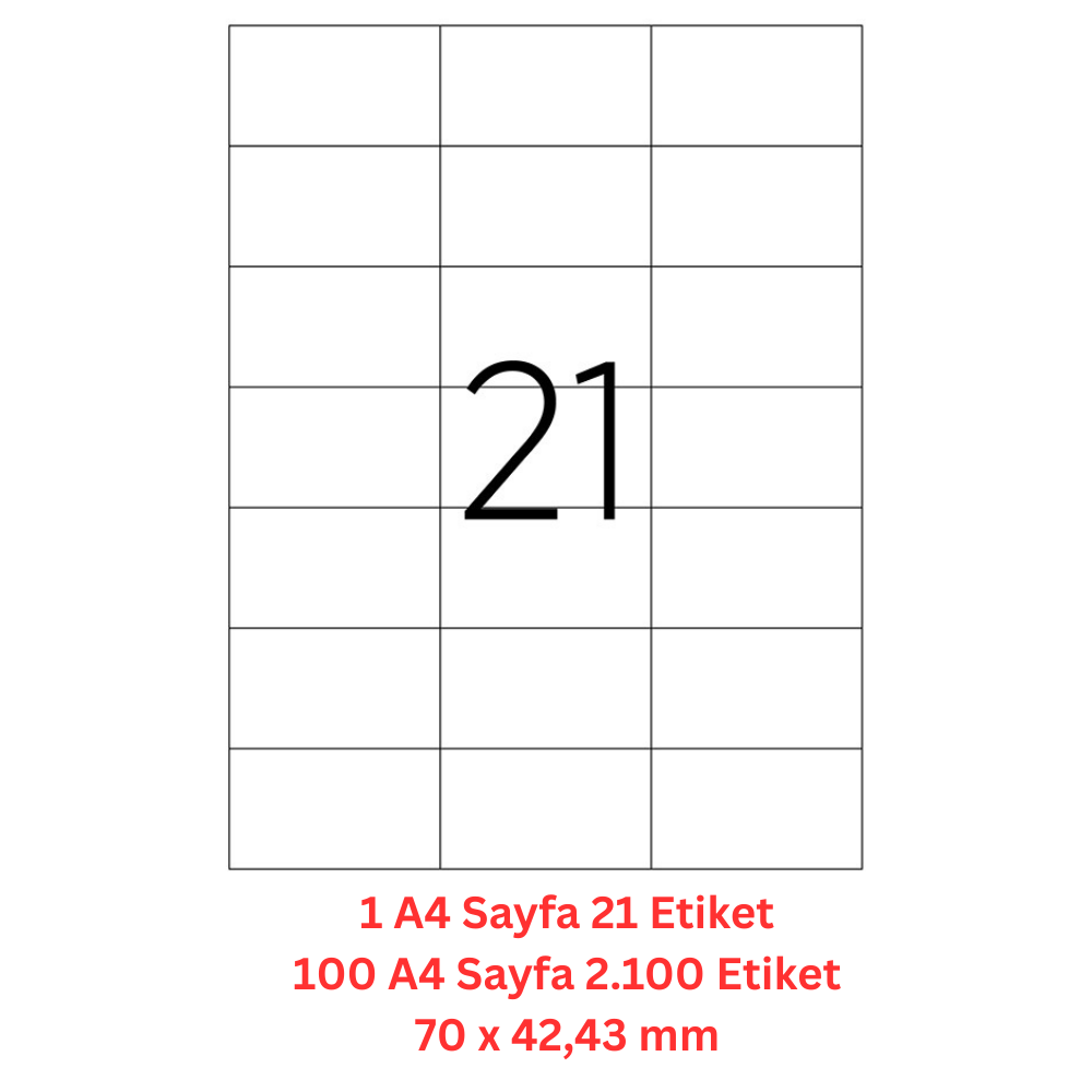 A1 Lazer Etiket tw-2124 100 A4 Sayfa Laser Etiket 70 X 42.43 mm Boyutunda 1 A4 Sayfada 21 Etiket