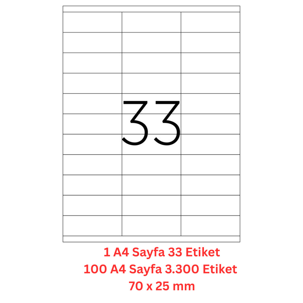 A1 Lazer Etiket tw-2133 100 A4 Sayfa Lazer Etiket 70 x 25 mm Boyutunda 1 A4 Sayfada 33 Etiket