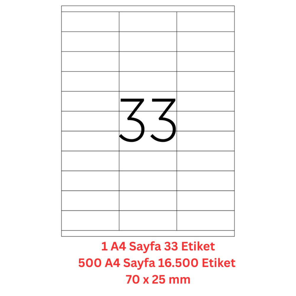 A1 Lazer Etiket tw-2133 500 A4 Sayfa Lazer Etiket 70X25 mm Boyutunda 1 A4 Sayfada 33 Etiket