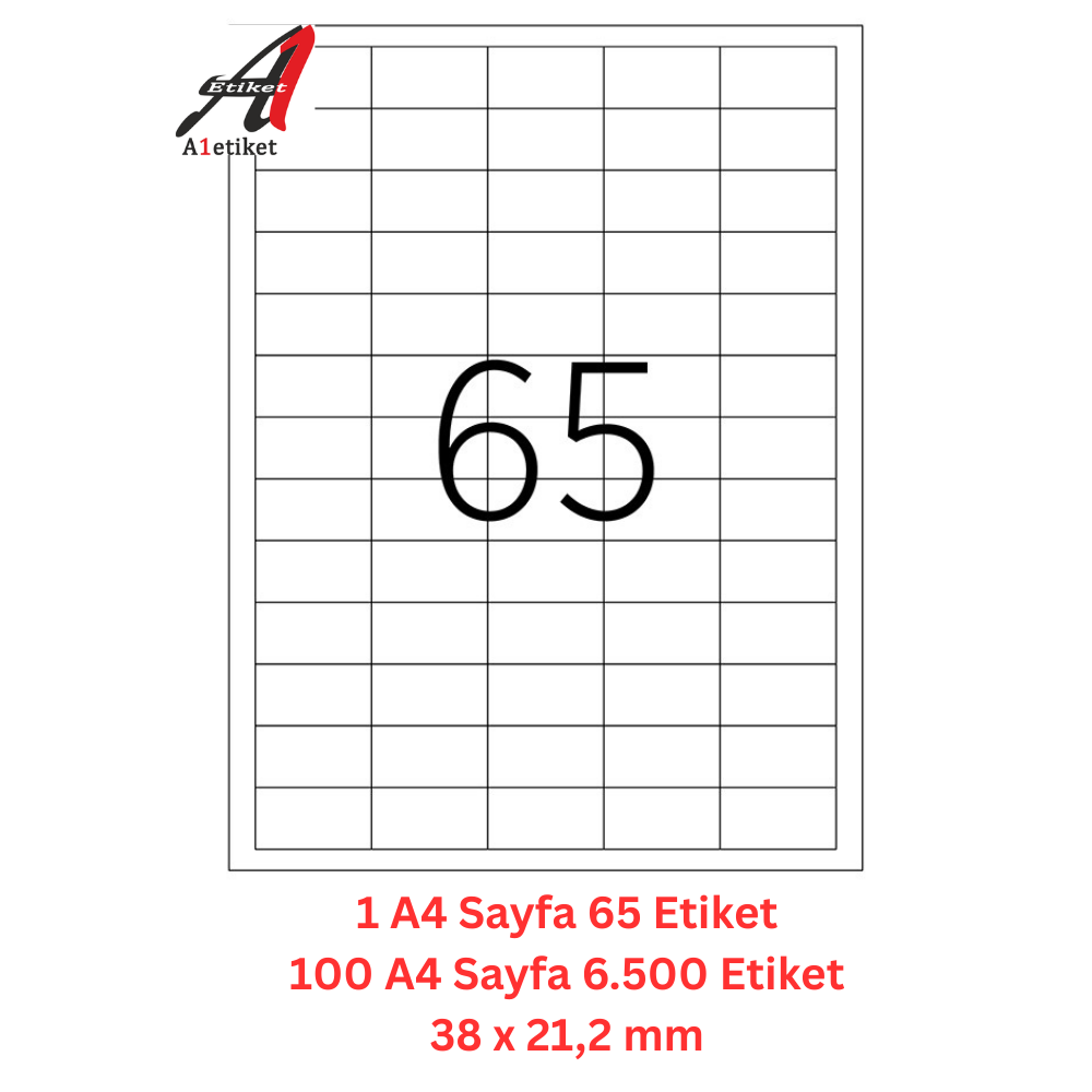 A1 Lazer Etiket tw-2165 100 A4 Sayfa Lazer Etiket 38,1 x 21,2  DÜZ mm Boyutunda 1 A4 Sayfada 65 Etiket