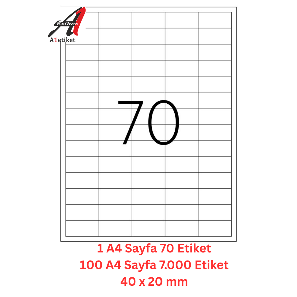 A1 Lazer Etiket tw-2270 100 A4 Sayfa Lazer Etiket 40 x 20 mm Boyutunda 1 A4 Sayfada 70 Etiket