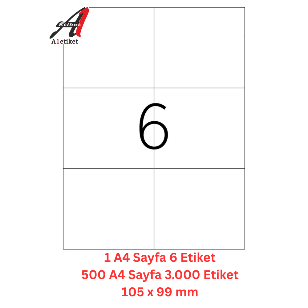 A1 Lazer Etiket tw-2303 500 A4 Sayfa Lazer Etiket 105 x 99 mm Boyutunda 1 A4 Sayfada 6 Etiket