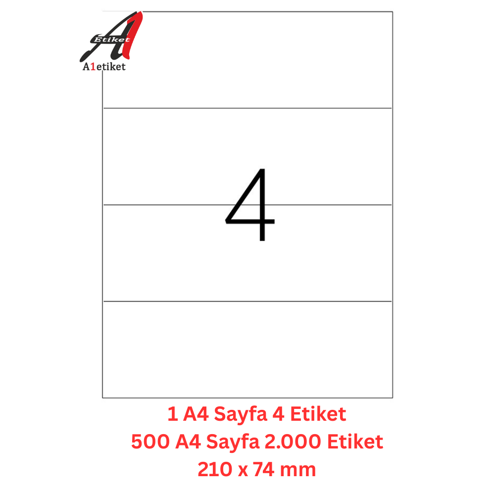 A1 Lazer Etiket tw-2404 500 A4 Sayfa Lazer Etiket 210 x 74 mm Boyutunda 1 A4 Sayfada 4 Etiket