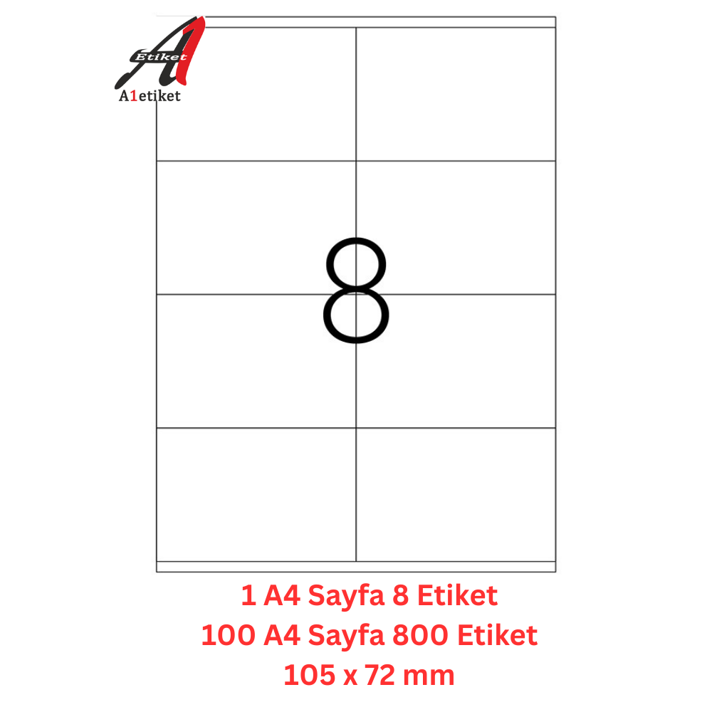 A1 Lazer Etiket tw-2408 100 A4 Sayfa Lazer Etiket 105 x 72 mm Boyutunda 1 A4 Sayfada 8 Etiket