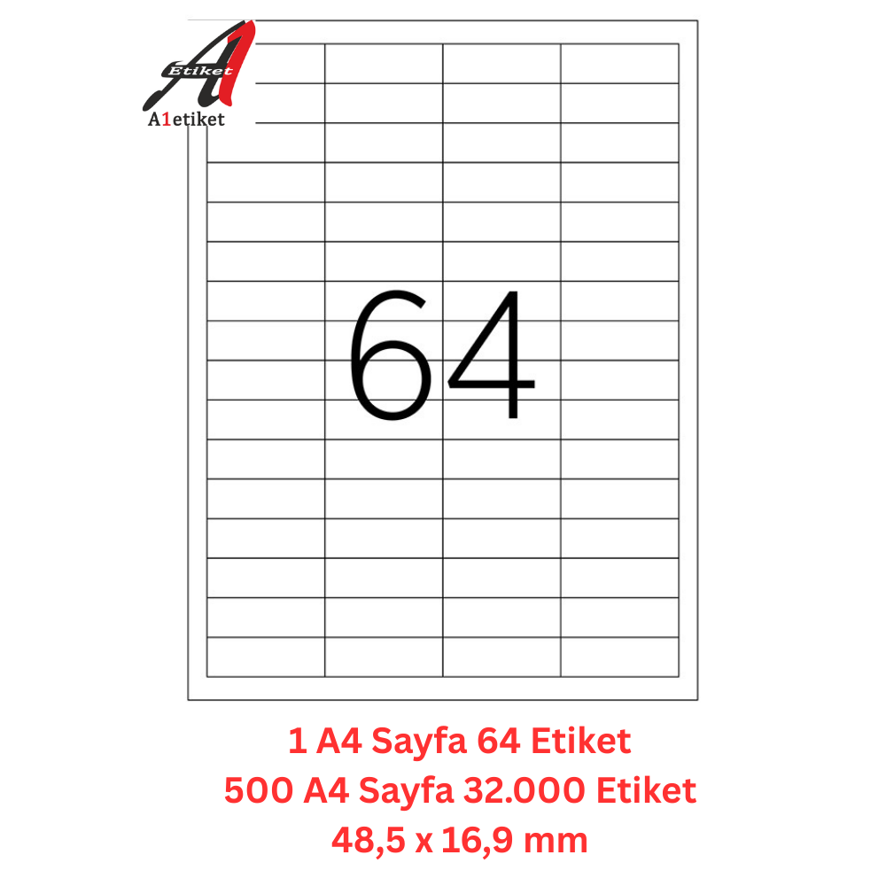 A1 Lazer Etiket tw-2564 500 A4 Sayfa Lazer Etiket 48,5 x 16,9 mm Boyutunda 1 A4 Sayfada 64 Etiket