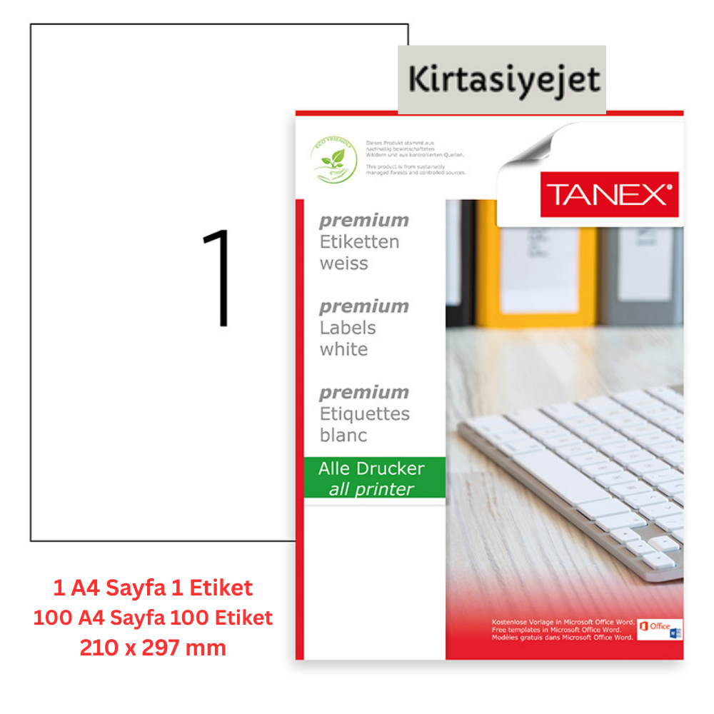 Tanex Lazer Etiket tw-2000 100 A4 Sayfa Laser Etiket Ebat 210 X 297 mm mm Boyutunda 1 A4 Sayfada 1 Etiket