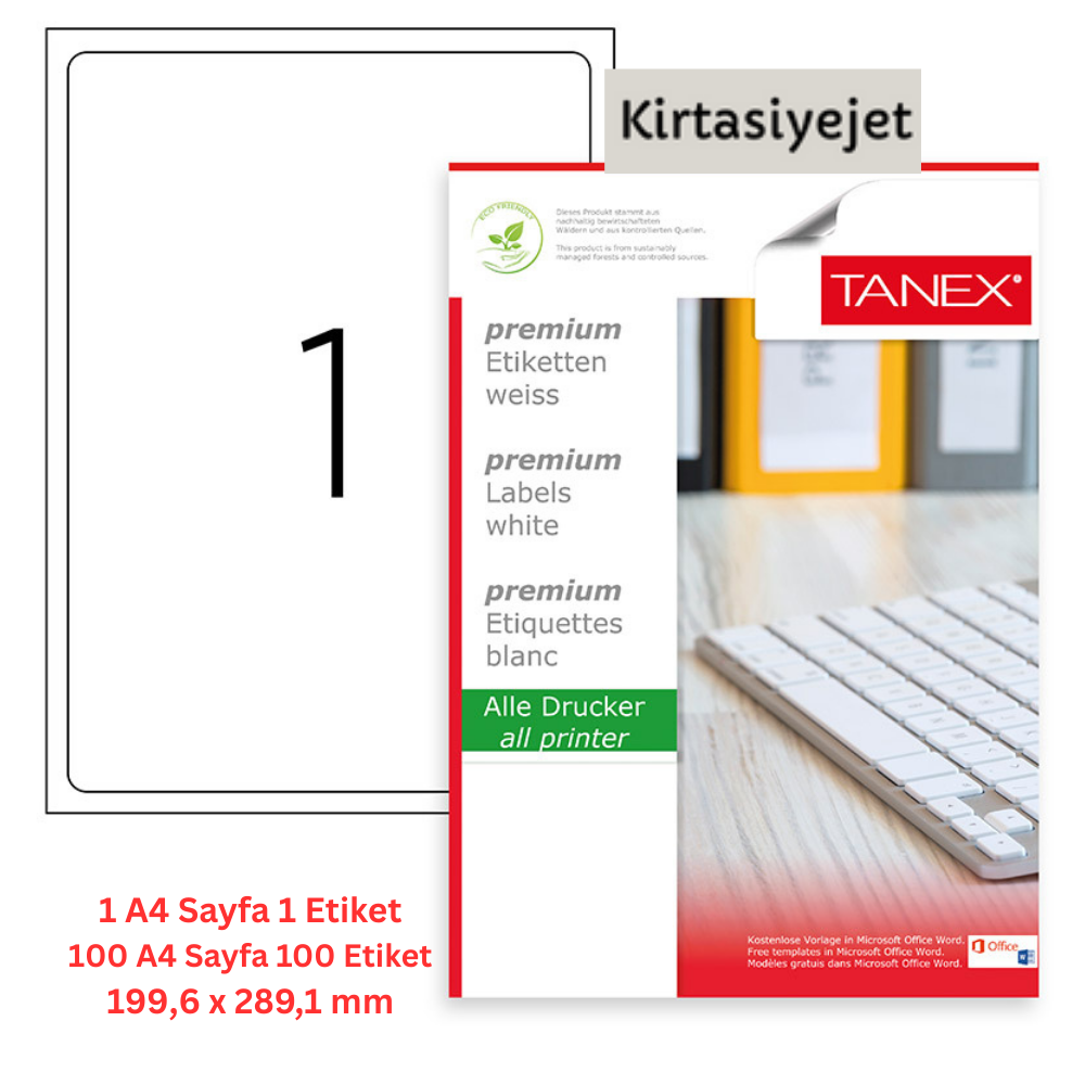 Tanex Lazer Etiket tw-2001 100 A4 Sayfa Laser Etiket 199.6x289.1 mm Boyutunda 1 A4 Sayfada 1 Etiket