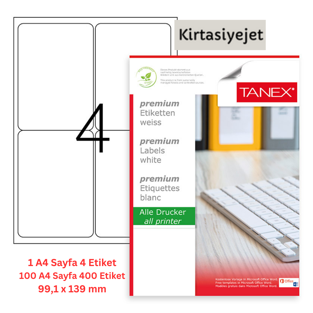 Tanex Lazer Etiket tw-2004 500 A4 Sayfa Laser Etiket 99.1x139 mm Boyutunda 1 A4 Sayfada 4 Etiket