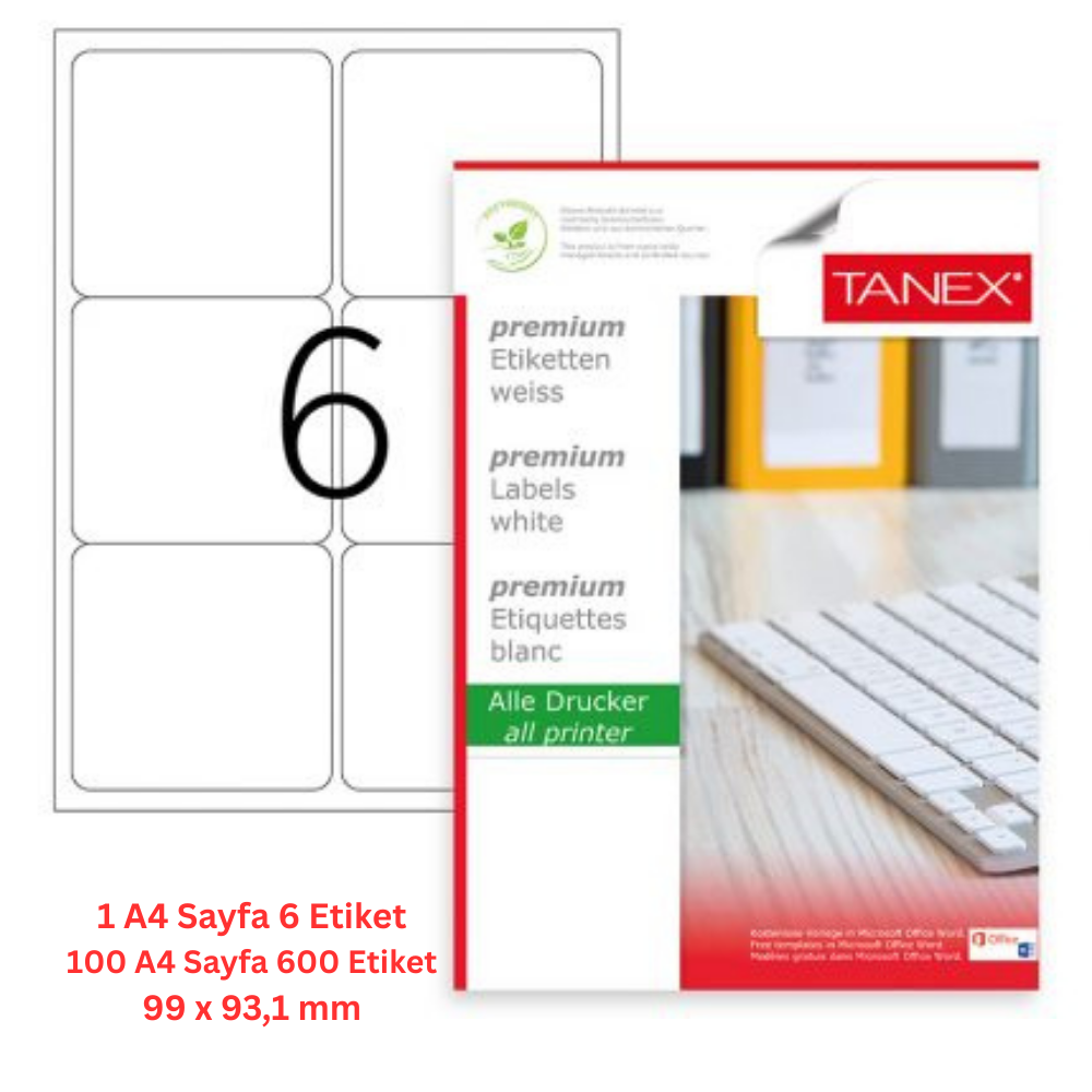 Tanex Lazer Etiket tw-2006 100 A4 Sayfa Laser Etiket 99.1 x 93.1 mm Boyutunda 1 A4 Sayfada 6 Etiket