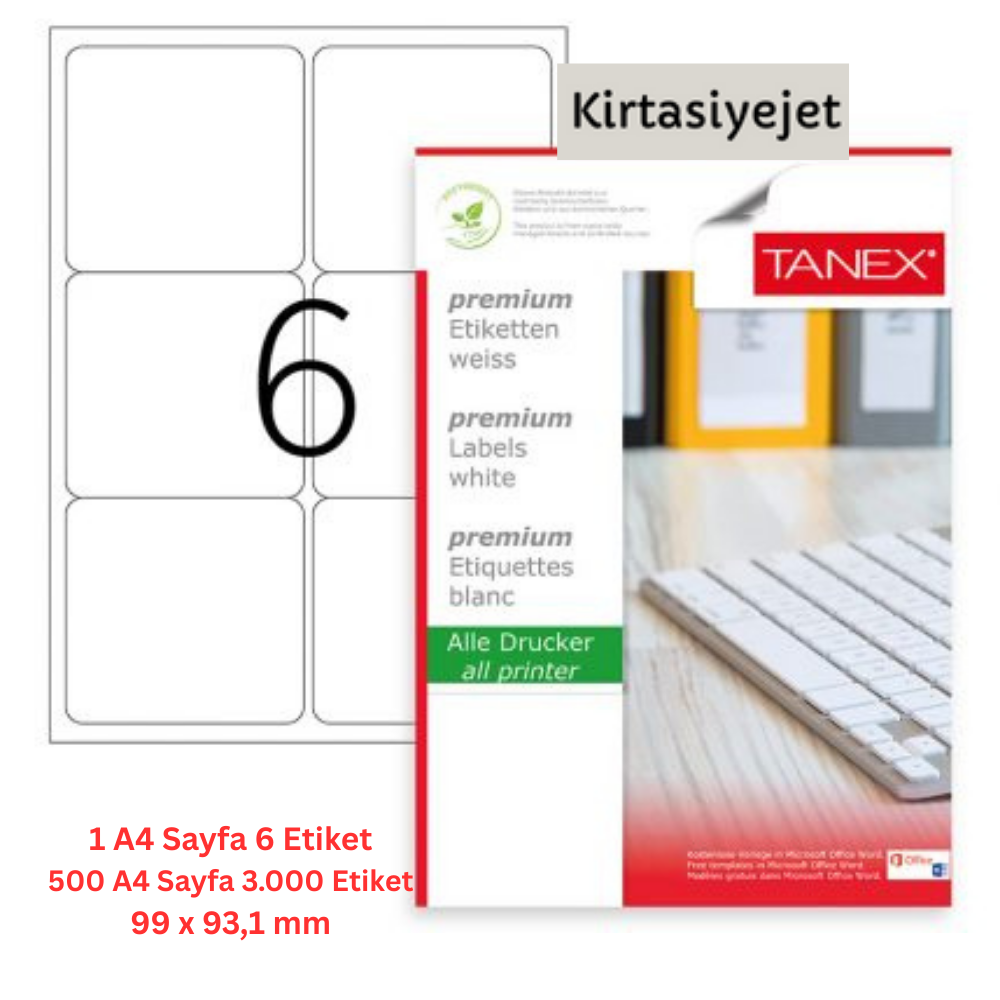 Tanex Lazer Etiket tw-2006 500 A4 Sayfa Laser Etiket 99.1 X 93.1 mm  1 A4 Sayfada 6 Etiket