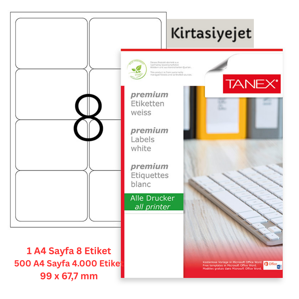 Tanex Lazer Etiket tw-2008 500 A4 Sayfa Laser Etiket 99.1x67.7 mm Boyutunda 1 A4 Sayfada 8 Etiket