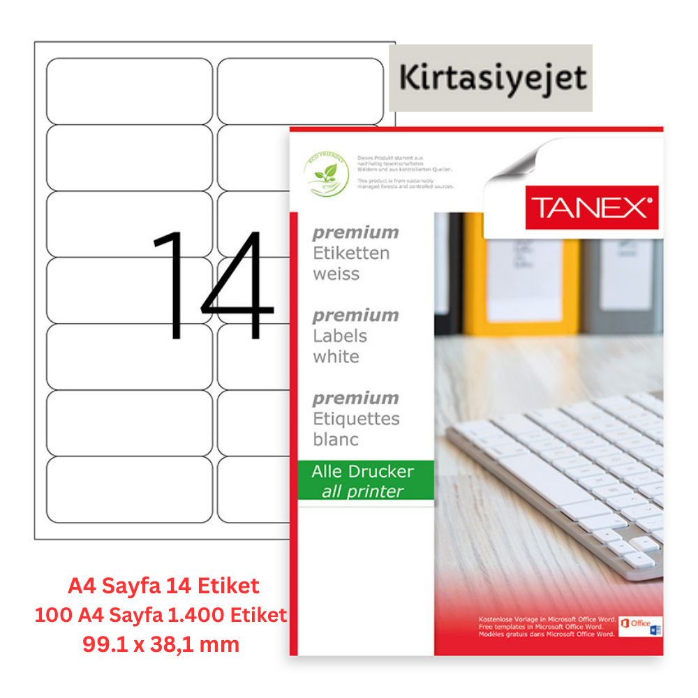 Tanex Lazer Etiket tw-2014 100 A4 Sayfa Laser Etiket 99.1 X 38.1 mm Boyutunda 1 A4 Sayfada 14 Etiket