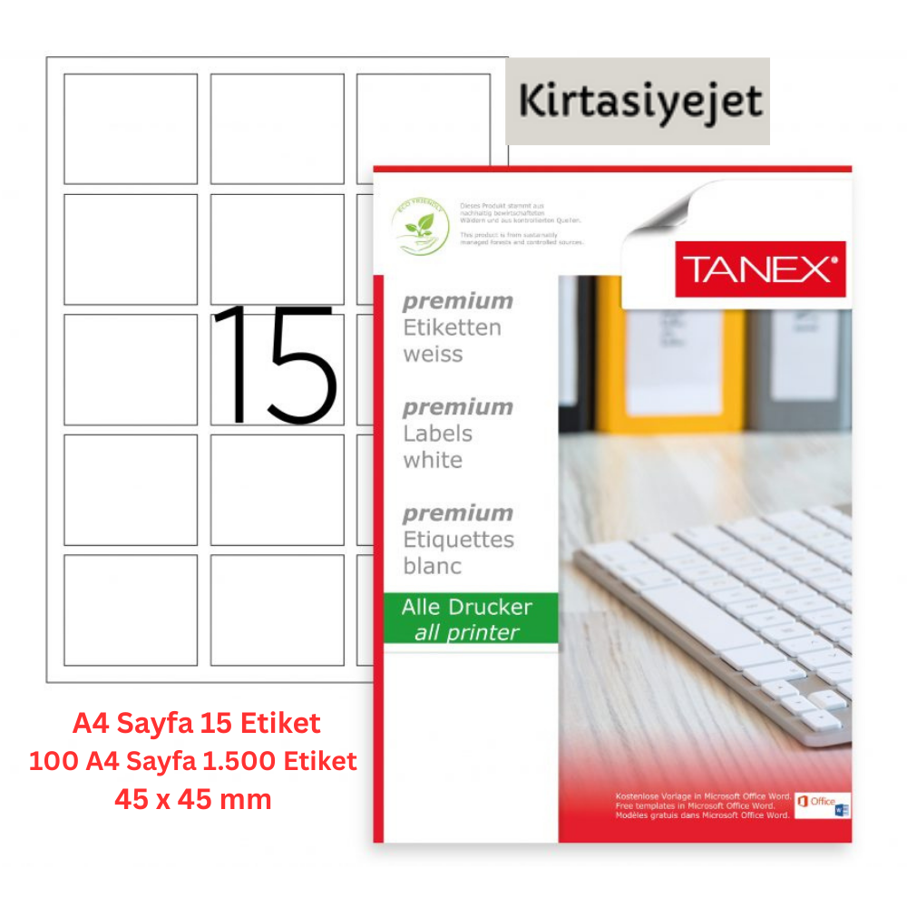 Tanex Lazer Etiket tw-2015 100 A4 Sayfa Laser Etiket Laser Etiket 45X45 mm Boyutunda 1 A4 Sayfada 15 Etiket