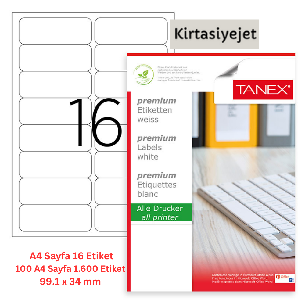 Tanex Lazer Etiket tw-2016 100 A4 Sayfa Laser Etiket 99.1 X 34 mm Boyutunda 1 A4 Sayfada 8 Etiket