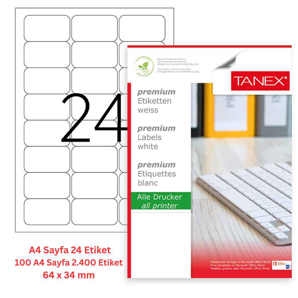 Tanex Lazer Etiket tw-2024 100 A4 Sayfa Laser Etiket 64x34 mm Boyutunda 1 A4 Sayfada 24 Etiket